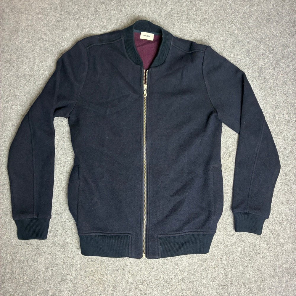 Marcs Bomber Jacket Mens Small Navy Blue Excellent Wool Blend Full Zip Ribbed